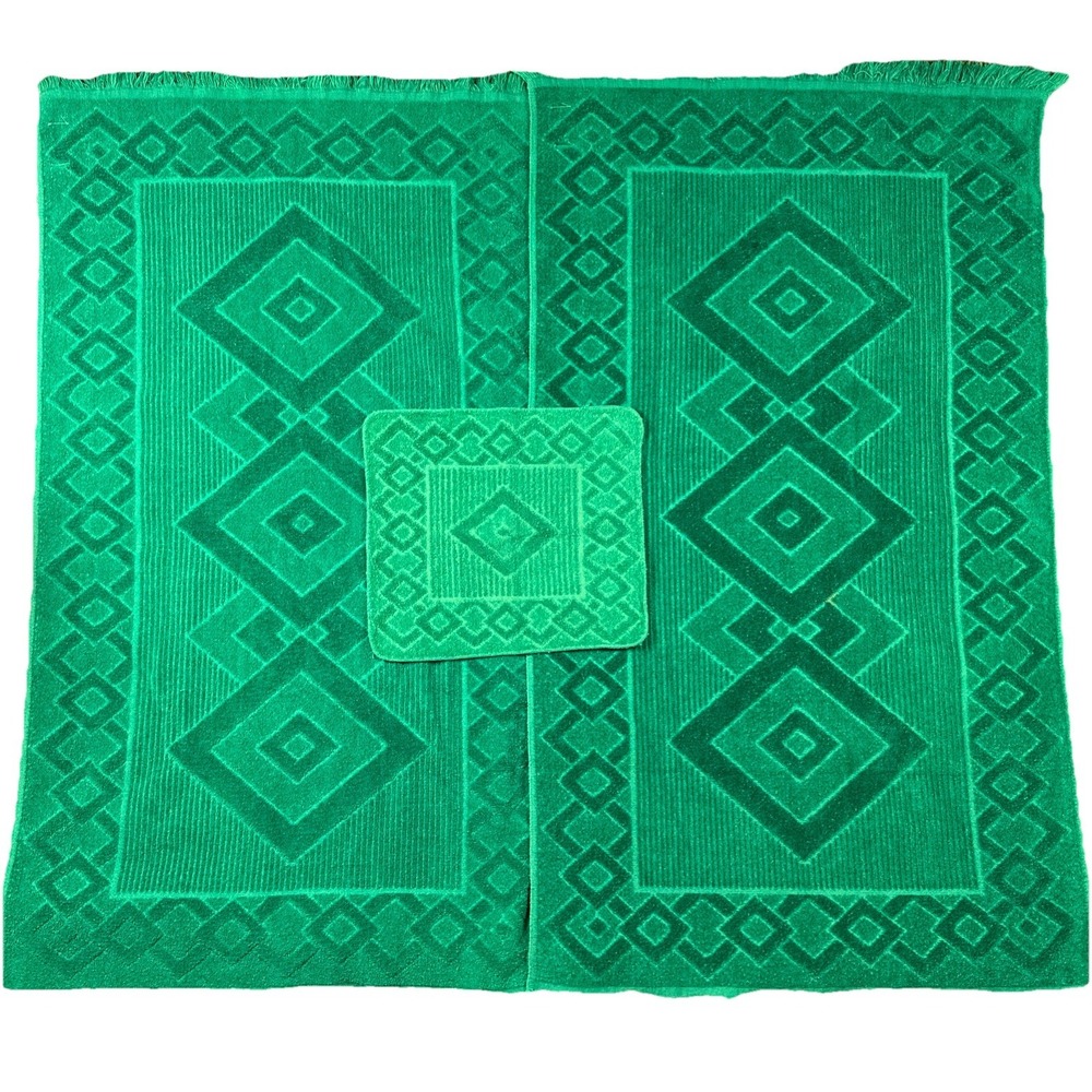 Vintage Dundee Green Fringed Towel Set 2 Bath & 1‎ Washcloth Texture 100% Cotton